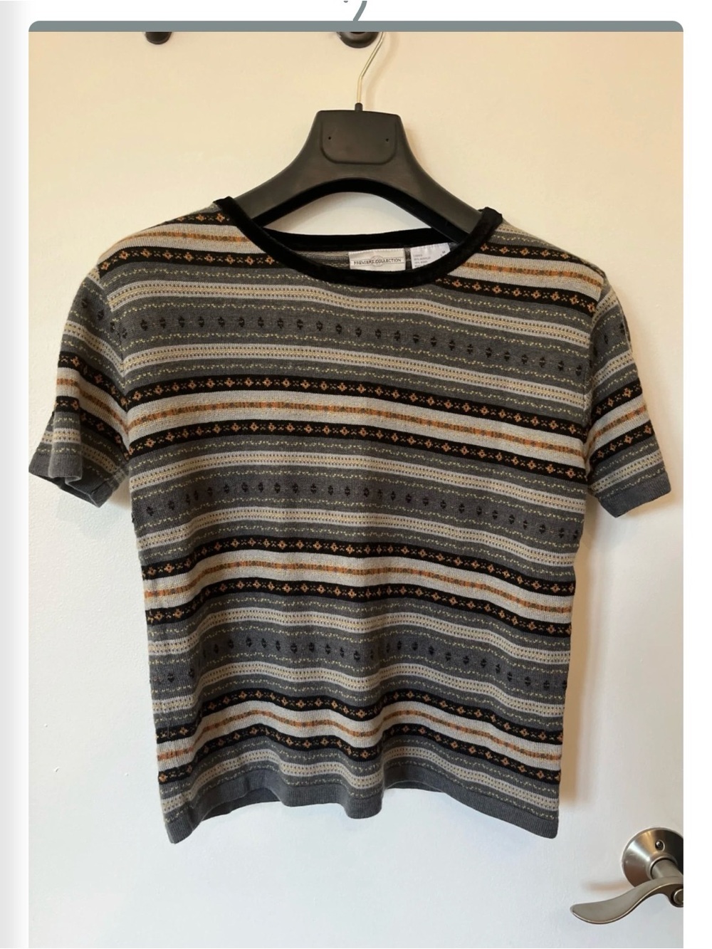 Striped Knit Short-Sleeve Top in Gray and Black